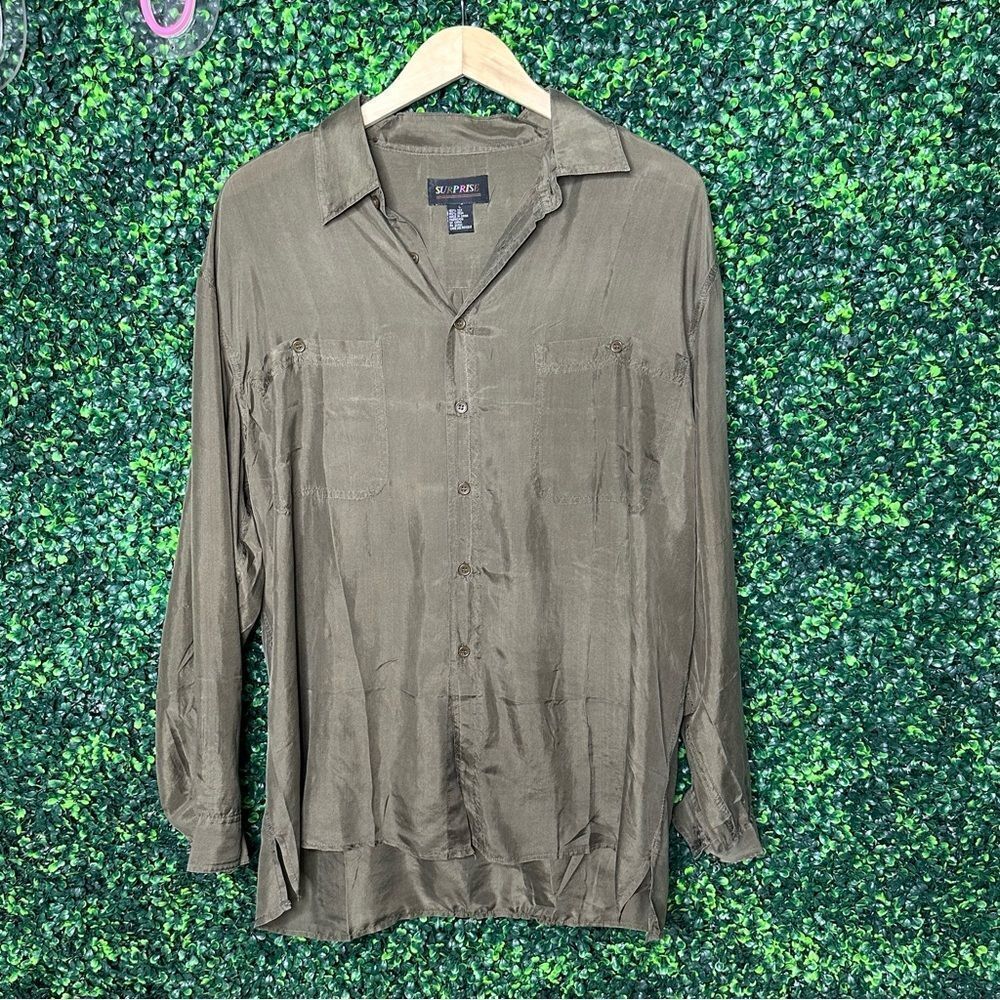 Vintage Olive Green 100% Silk Soft Button Down Shirt Top Sz L